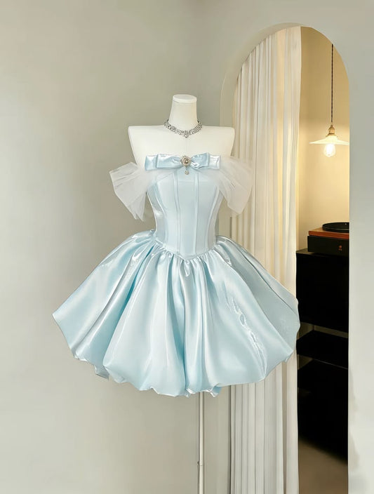 Chic Cocktail Ball Gown Off The Shoulder Light Sky Blue With Short Sleeves Formal Birthday Outfits Homecoming Dresses MP734