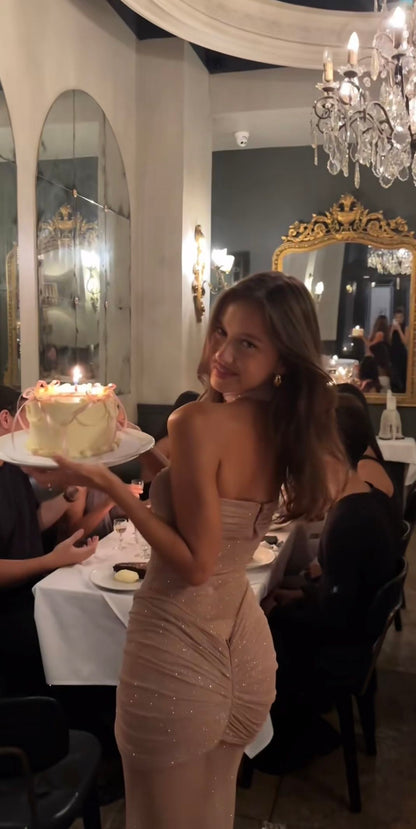 Élégante Robe de Bal Longue Sirène Coeur Paillettes Champagne pour Femmes Soirée MP752