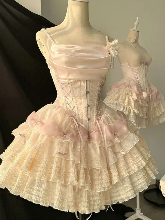 Süßes Ballkleid Spaghettiträger Rosa mit Schleife Tanz Kurz Mini Homecoming Kleider Inspo Hoco Outfit Idee MP1347