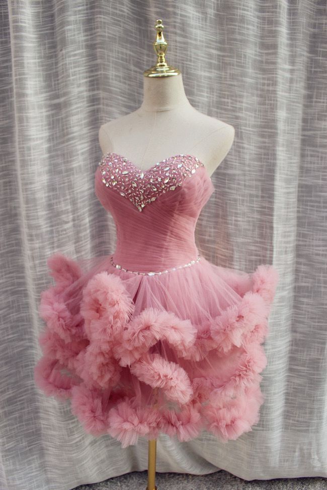Süßes Ballkleid Sweetheart Pink mit Perlen Tüll Kurz Mini 15 16 Geburtstag Outfits Abschlussballkleid MP700