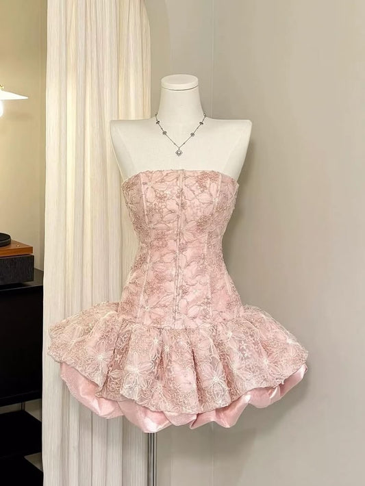 Niedliches Ballkleid, trägerlos, pink, paillettenbesetzt, Spitze, kurz, Mini, für den 15./16. Geburtstag, Homecoming-Kleid MP713