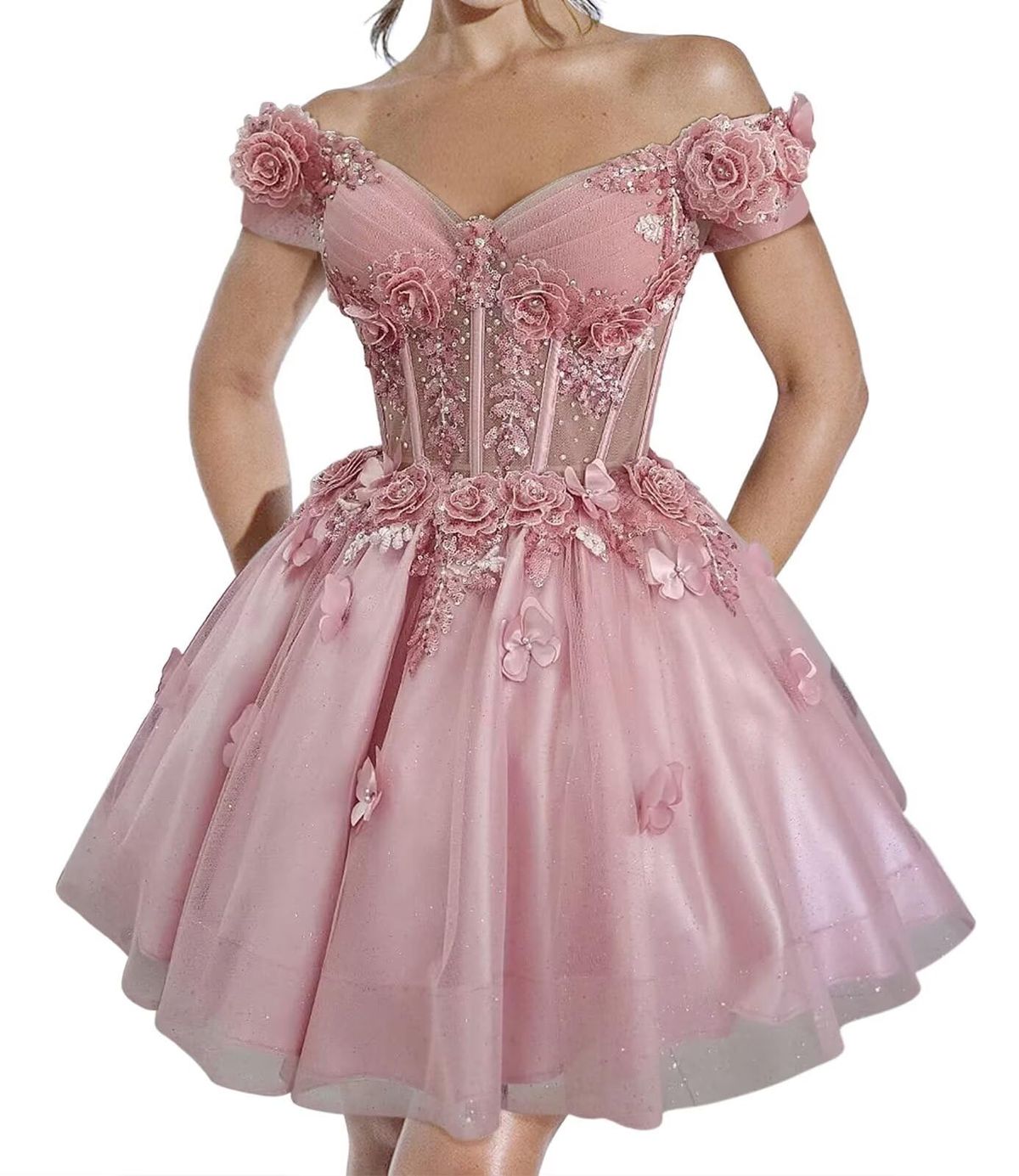 Chic Cocktail Ball Gown Off The Shoulder Pink Tulle With Short Sleeves Flowers Formal Birthday Outfits Homecoming Dresses MP702