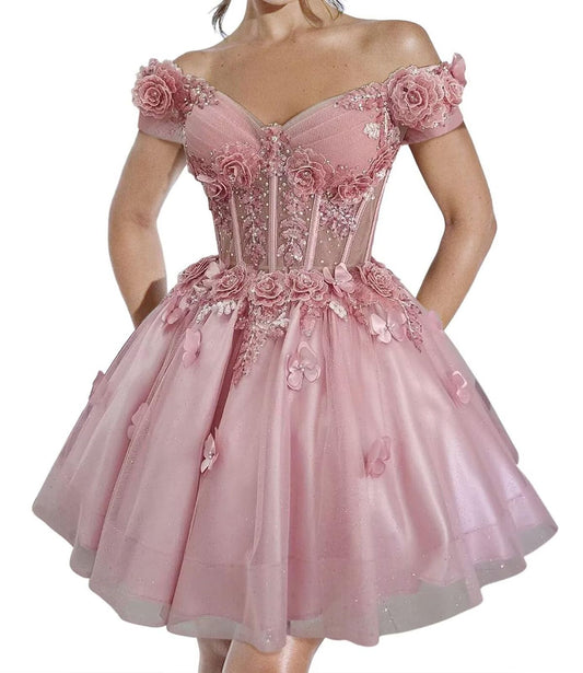 Chic Cocktail Ball Gown Off The Shoulder Pink Tulle With Short Sleeves Flowers Formal Birthday Outfits Homecoming Dresses MP702