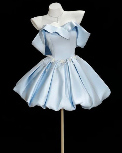 Elegant Ball Gown Off The Shoulder Light Sky Blue With Sleeves Satin Short 15th Birthday Outfits Homecoming Dress MP823