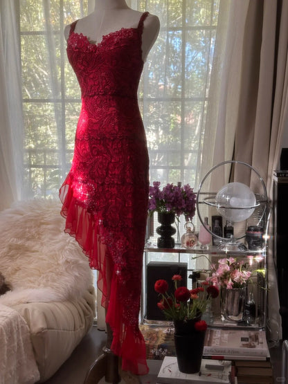 Süßes Etui Spaghetti-Träger Rot Spitze Unregelmäßiges Ärmelloses Formelles Abendkleid Ballkleider MP1133