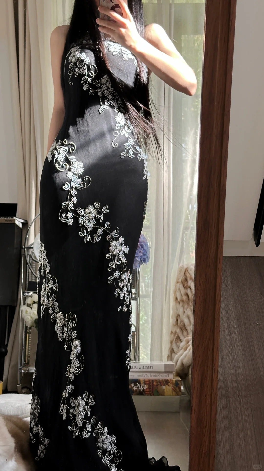Magnifique Robe de Bal Sirène Asymétrique en Chiffon Noir avec Cristaux Longueur Ras du Sol sans Manches Robe de Soirée MP1130