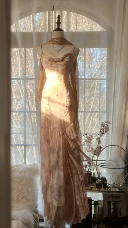 Vintage Meerjungfrau Spaghettiträger Chiffon Rouge Pink mit Perlen Abendkleid Lang Abschlussballkleid MP1021