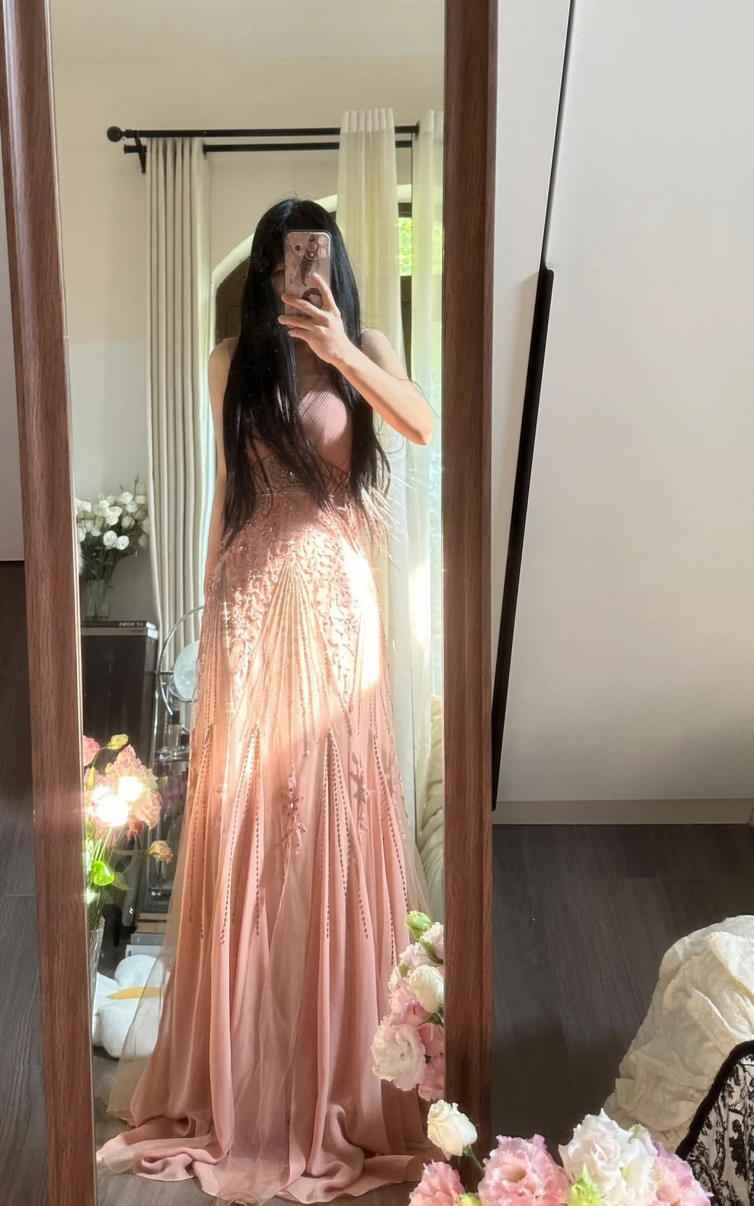 Elegantes & Ätherisches Meerjungfrauen-V-Ausschnitt-Kleid aus Chiffon in Errötendem Rosa, Ärmellos, für Gala, Schönheitswettbewerb, Abschlussballkleider MP1137