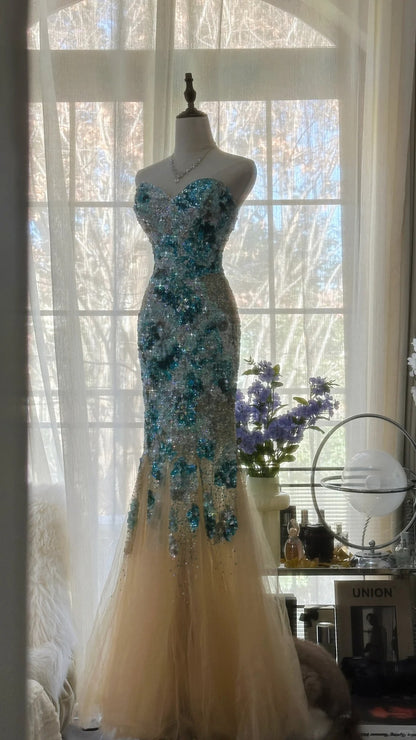 Sexy Mermaid Sweetheart Champagne Tulle With Blue Applique Long Sleeveless Formal Gown Prom Dresses MP1094