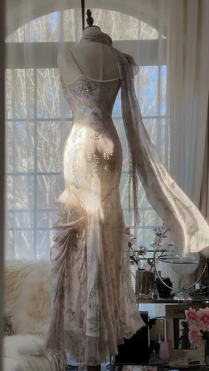 Vintage Mermaid Spaghetti Strap Chiffon With Beaded Floral Formal Gown Long Evening Night Prom Dresses MP1019