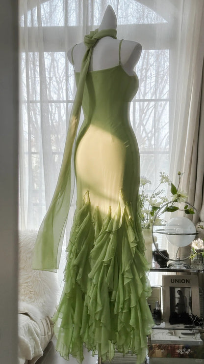 Modeste Robe de Soirée Sirène à Bretelles Fines en Chiffon Vert avec Couches, Longue, sans Manches, pour Bal de Promo MP1029