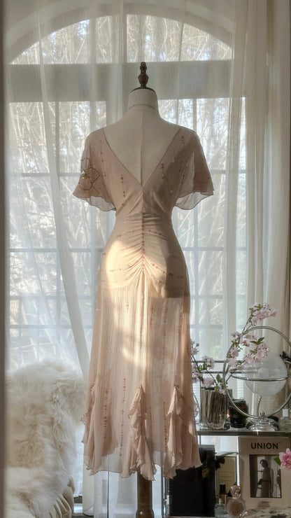 Modest A line V Neck Blush Pink Chiffon With Beading Evening Night Gown Tea Length Prom Dresses MP1036