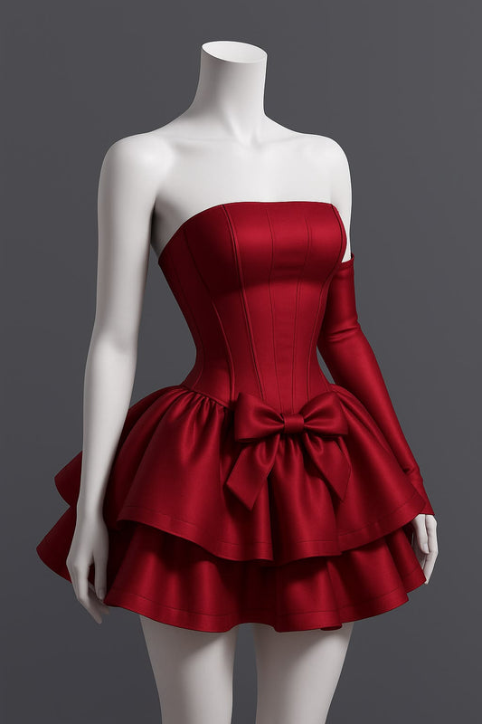 Elegantes Ballkleid Trägerlos Weinrot Mit Handschuhen Satin Kurz Mini Geburtstag Homecoming Kleid MP618