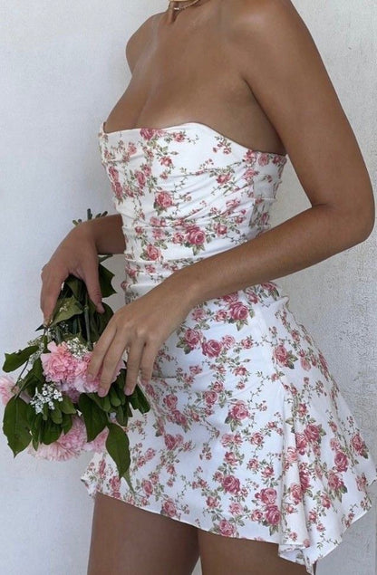 Cute Sheath Bodycon Short Homecoming Dresses Strapless Floral Satin Birthday Party Dress MP354