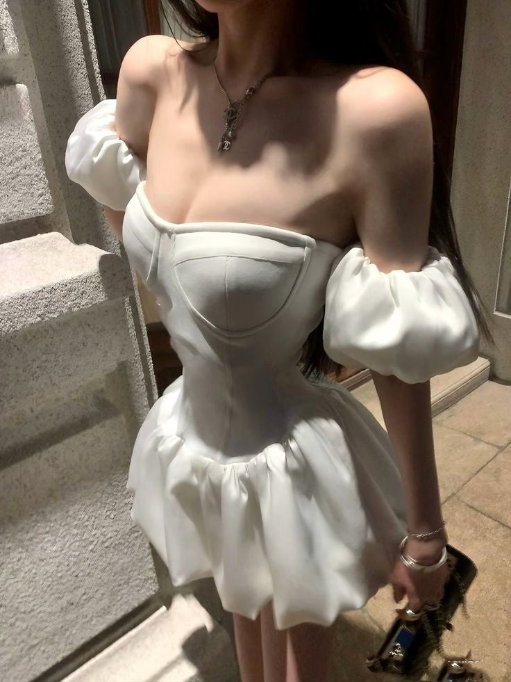 Robe de bal unique bustier en satin blanc mini courte pour la rentrée scolaire, robe de soirée, tenue formelle MP1318