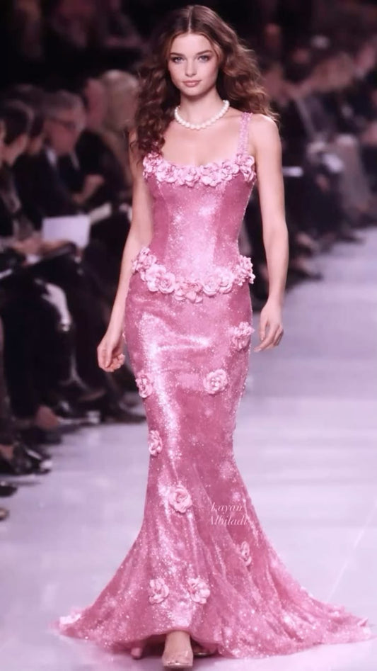 Glamorous Mermaid Spaghetti Strap Pink Sequined With Flowers Sleeveless Long Prom Dresses MP658