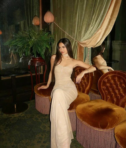 Élégante Robe de Bal Longue Sirène Coeur Paillettes Champagne pour Femmes Soirée MP752