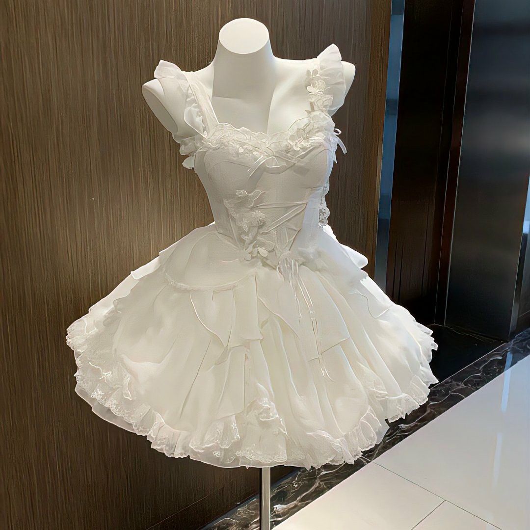 Jolie robe de soirée courte en mousseline de soie blanche style Lolita avec bretelles fines, pour anniversaire (15-16 ans) ou bal de fin d'année MP623