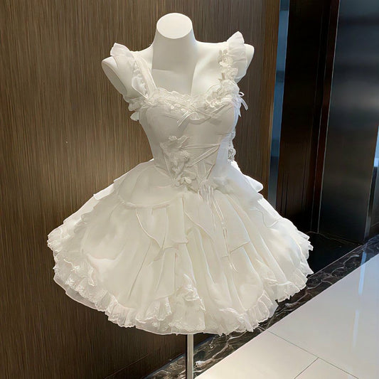 Süßes Ballkleid Spaghettiträger Weiß Chiffon Lolita Kurz Mini 15 16 Geburtstag Homecoming Kleid MP623