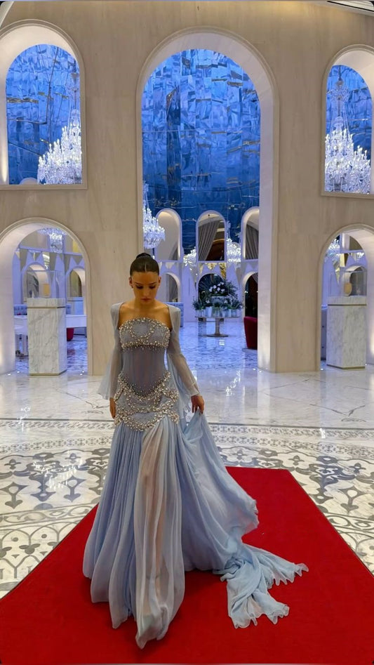 Glamorous Mermaid Strapless Blue With Beading Chiffon Cape Jacket Sleeves Long Prom Dresses MP736