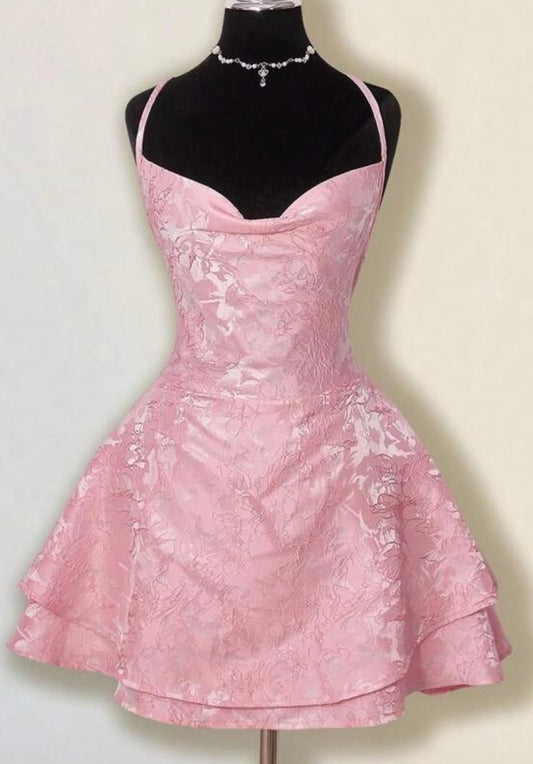 Modisches Cocktail-Ballkleid mit Spaghettiträgern, rosa Spitze, formelles Geburtstagskleid, kurz, Homecoming-Partykleid MP677