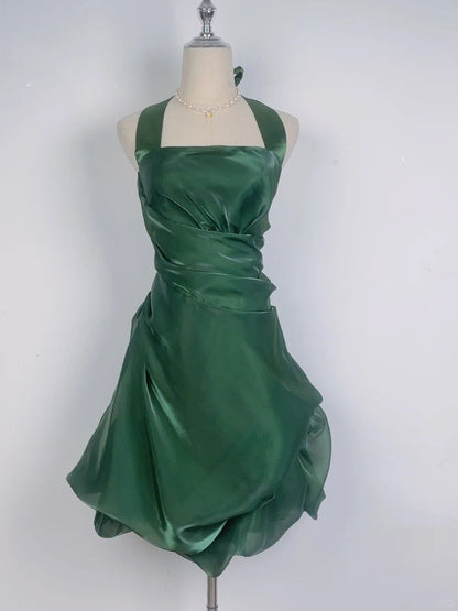 Robe courte de bal de promo à col halter à fleurs vert foncé vintage MP317