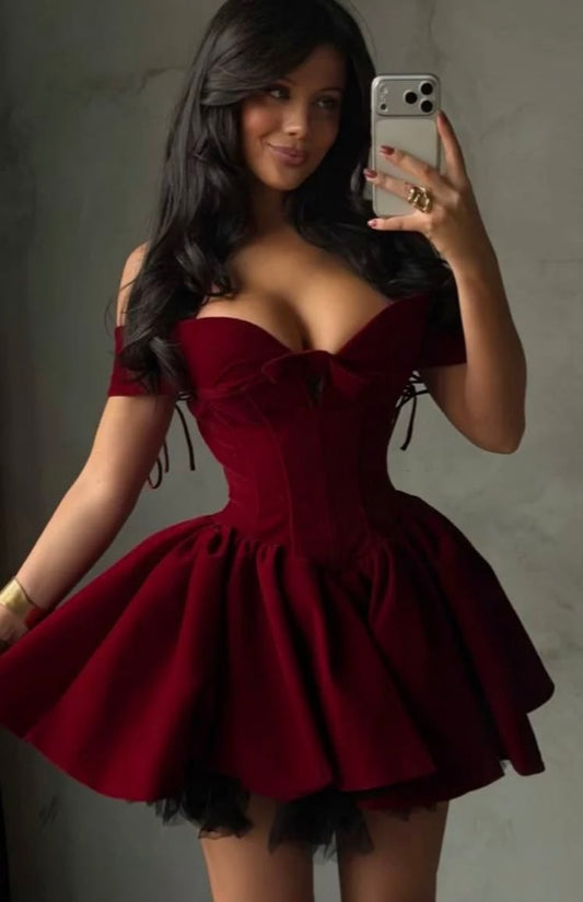 Cute Ball Gown Off The Shoulder Burgundy Dance Short Mini Homecoming Dresses Inspo Hoco Dress Idea MP1353