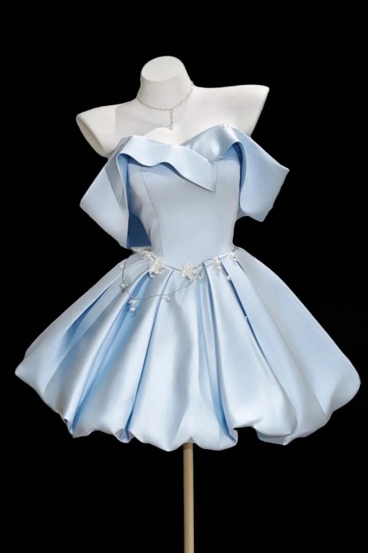 Elegant Ball Gown Off The Shoulder Light Sky Blue With Sleeves Satin Short 15th Birthday Outfits Homecoming Dress MP823