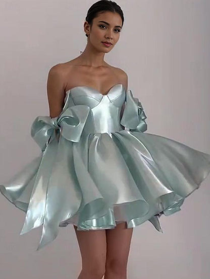 Cute Ball Gown Sweetheart With Bow-knot Pink Satin Mini Short Homecoming Dress 18th Birthday Party Outfits MP540