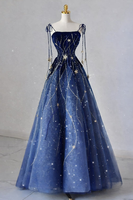 Navy Blue Tulle Spaghetti Straps Prom Dress Sleeveless Women Prom Gown Floor Length Party Gowns MP525