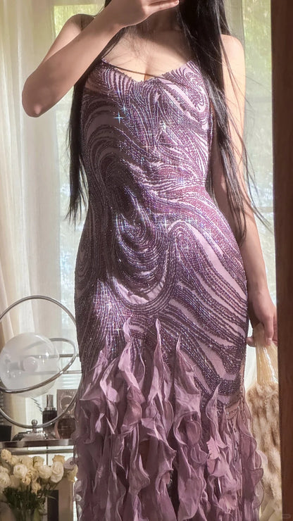 Pretty Mermaid Spaghetti Strap Lilac Chiffon With Beading Ruffled Long Sleeveless Formal Gowns Prom Dresses MP1124