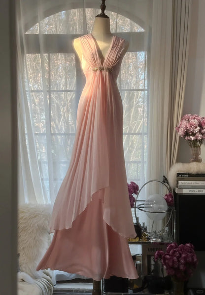 Edle Meerjungfrau V-Ausschnitt Chiffon Mit Perlen Lang Ärmellos Ballkleider Abendkleider MP1127