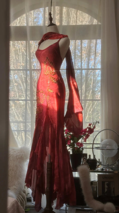Bescheidenes Meerjungfrauen-Spaghettiträger-Kleid aus burgunderrotem Chiffon mit Perlenverzierung, bodenlang, Abend-/Ballkleid MP1041