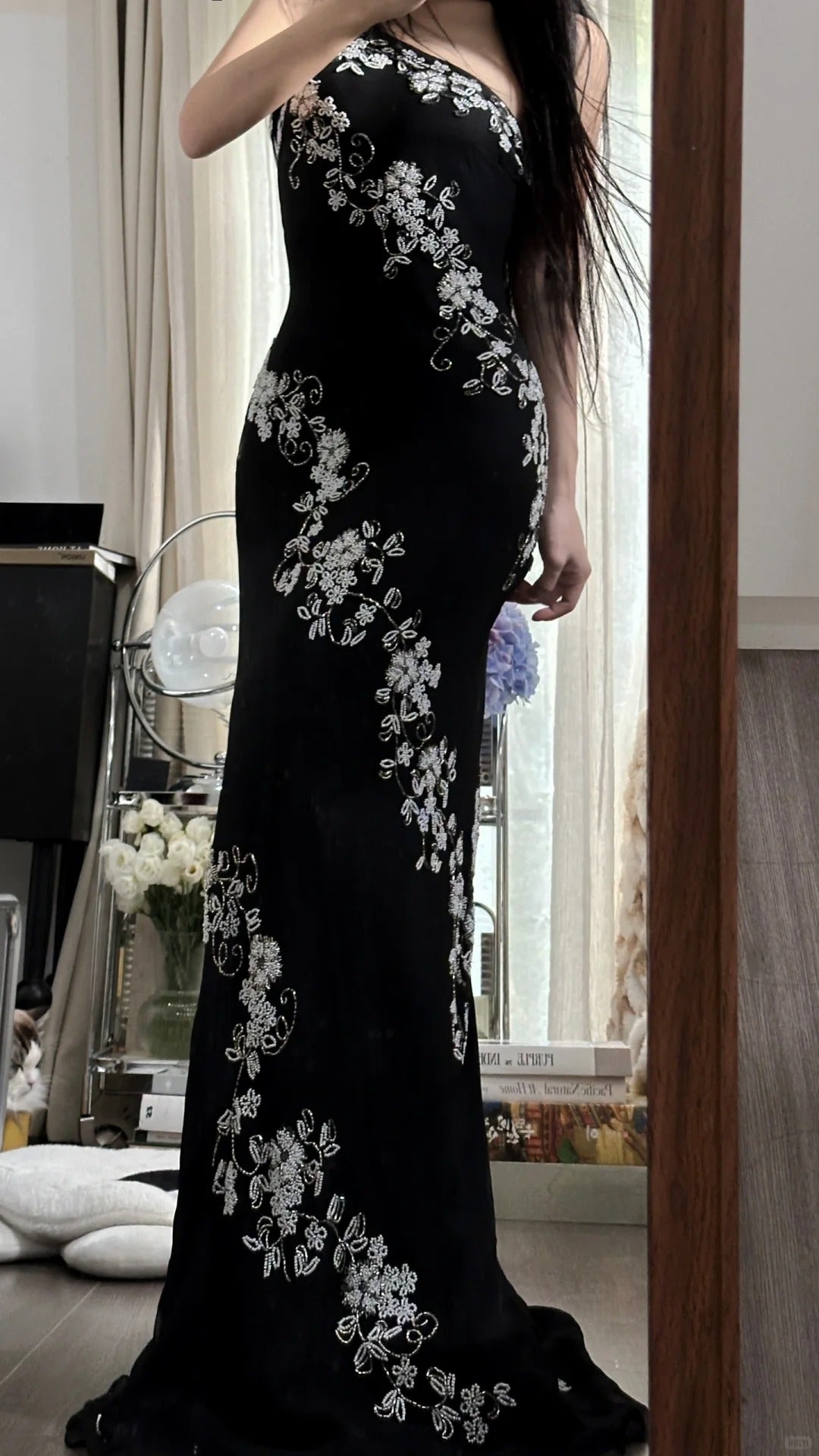 Magnifique Robe de Bal Sirène Asymétrique en Chiffon Noir avec Cristaux Longueur Ras du Sol sans Manches Robe de Soirée MP1130