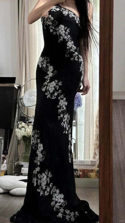 Magnifique Robe de Bal Sirène Asymétrique en Chiffon Noir avec Cristaux Longueur Ras du Sol sans Manches Robe de Soirée MP1130