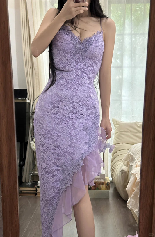 Sexy Mermaid Spaghetti Strap Lilac Lace Irregular Sleeveless Formal Outfit Prom Dresses MP1103