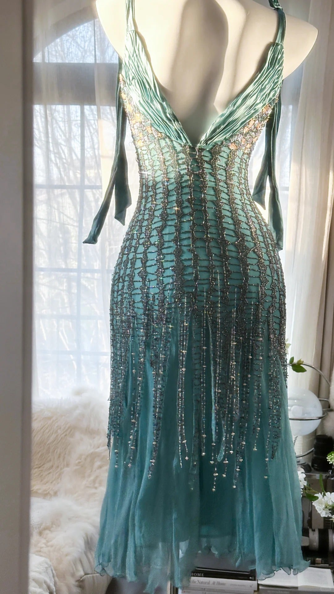 Vintage Mermaid Spaghetti Strap Blue With Silver Beading Evening Night Gown Tea Length Prom Dresses MP988