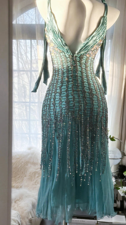 Vintage Mermaid Spaghetti Strap Blue With Silver Beading Evening Night Gown Tea Length Prom Dresses MP988