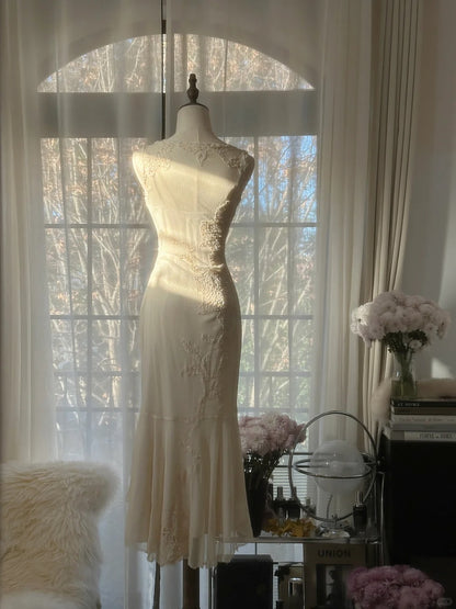 Vintage Meerjungfrau V-Ausschnitt Weiß Chiffon Abendkleid Knielang Ballkleider MP1100