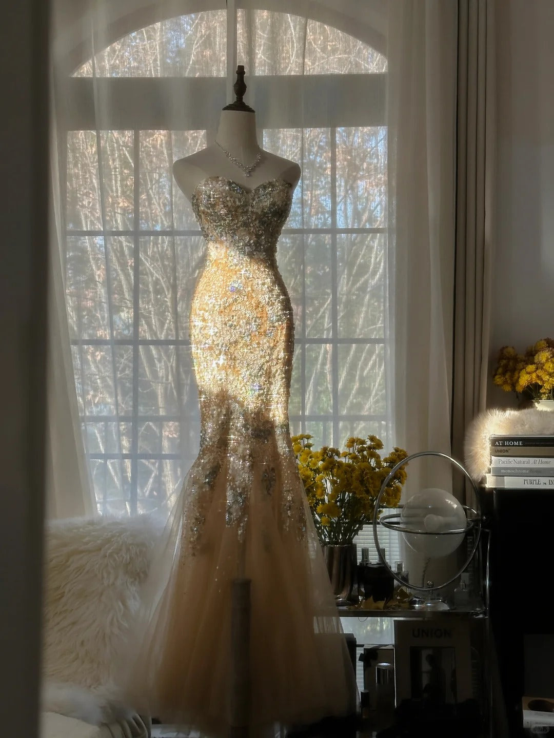 Sparkly Mermaid Sweetheart Champagne Tulle With Lace Sleeveless Formal Outfits Prom Dresses MP1112