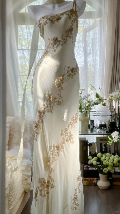 Vintage Mermaid One Shoulder Ivory Gown With Beading Evening Night Long Prom Dresses MP991