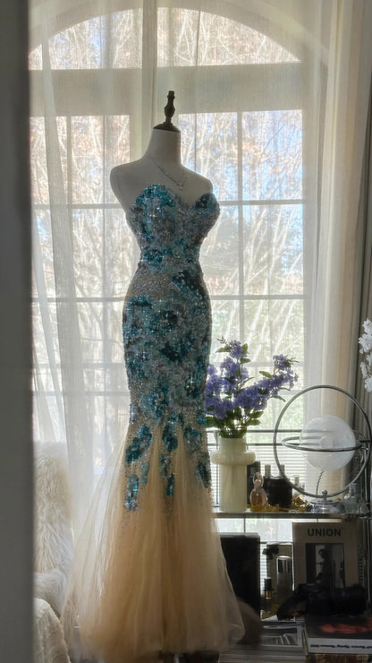 Sexy Mermaid Sweetheart Champagne Tulle With Blue Applique Long Sleeveless Formal Gown Prom Dresses MP1094