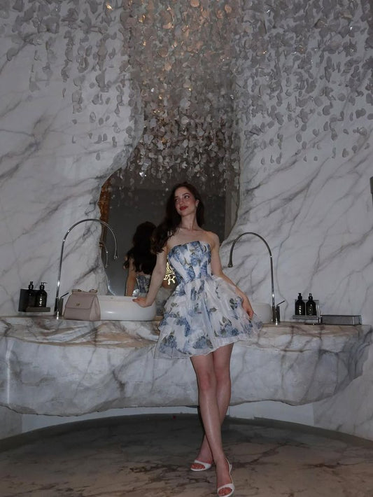 Sexy Ballkleid Trägerlos Blau Blumen Kurz 17. Geburtstag Outfits Heimkehrkleider MP938