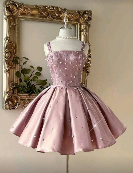 Elegantes Ballkleid, eckiger Ausschnitt, rosa Satin, Homecoming-Kleider, Minikleid, Cocktailkleid, Hoco-Kleid, Party-Abschlussoutfits MP1217