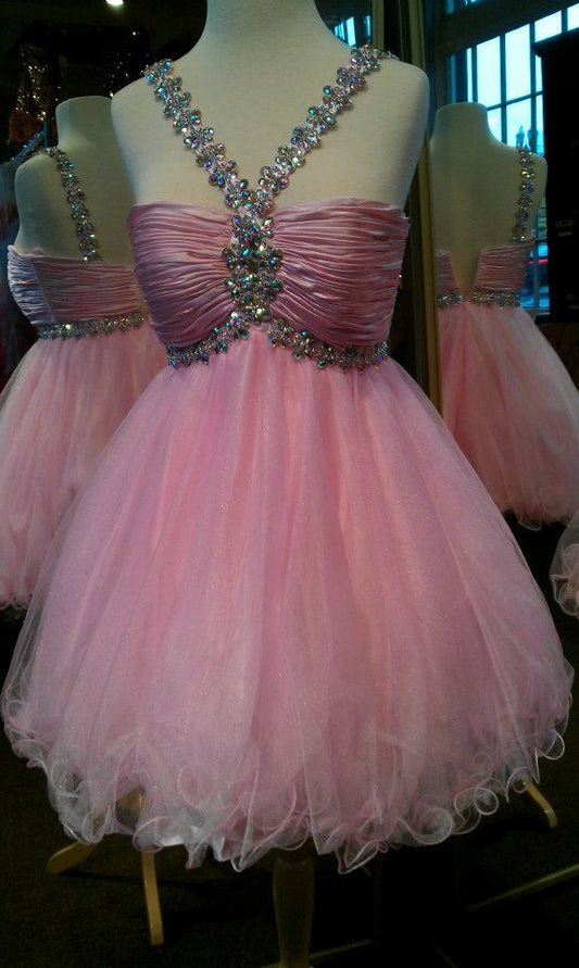 Modisches Cocktail-Ballkleid Neckholder Rosa Tüll Formelles Geburtstagskleid Mini Kurz Abschlussball Partykleid MP680