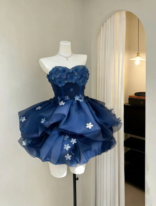 Hübsches Ballkleid Sweetheart Marineblaue Blumen Abschluss Kurz Homecoming Kleider Outfits zum 18. Geburtstag MP849