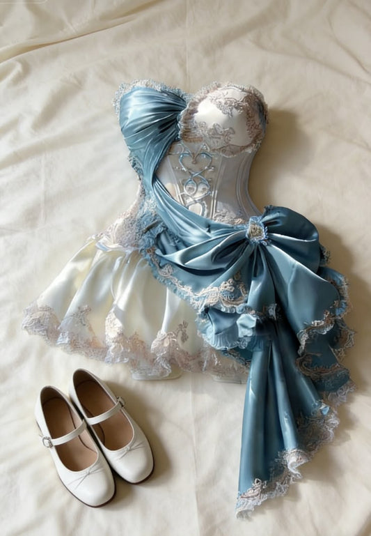 Charmantes Ballkleid, Neckholder, Blau, Satin, Spitze, kurzes Hoco, Abschlussfeier, Homecoming-Kleid MP858