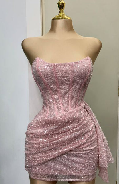 Charmantes Etui-Kleid, trägerlos, pink mit Rüschen, paillettenbesetzt, kurz, Mini, 15., 16. Geburtstag, Homecoming-Kleid MP669