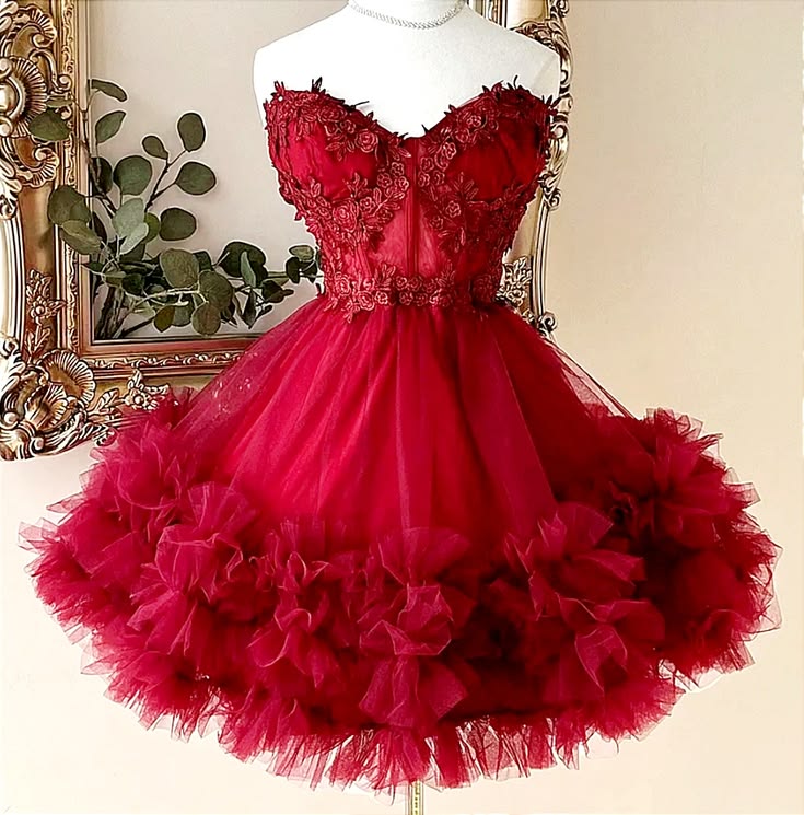 Jolie Robe de Bal Cœur Rouge Tulle Courte Mini Robe de Fête 15 16 Ans Robe de Retour à la Maison MP717