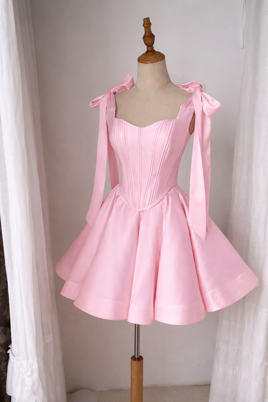 Chic Cocktail Ball Gown Spaghetti Strap Pink Satin Formal 17th Birthday Outfits Homecoming Dresses MP683